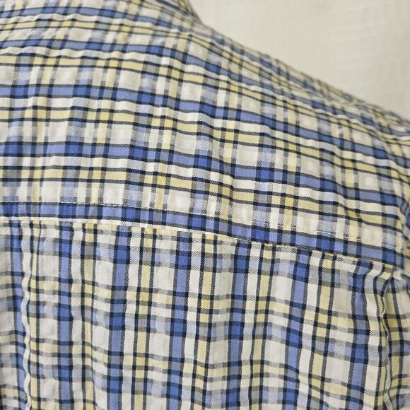 LL Bean Seersucker Textured Shirt Blue Yellow Plaid Button Down Men's LT - Picture 2 of 13
